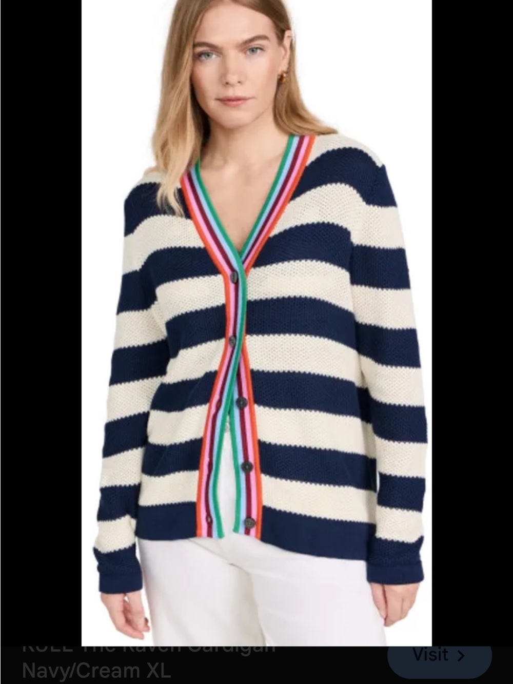 KULE raven Navy and Cream Striped Cardigan with Multicolor Trim - Picture 2 of 5